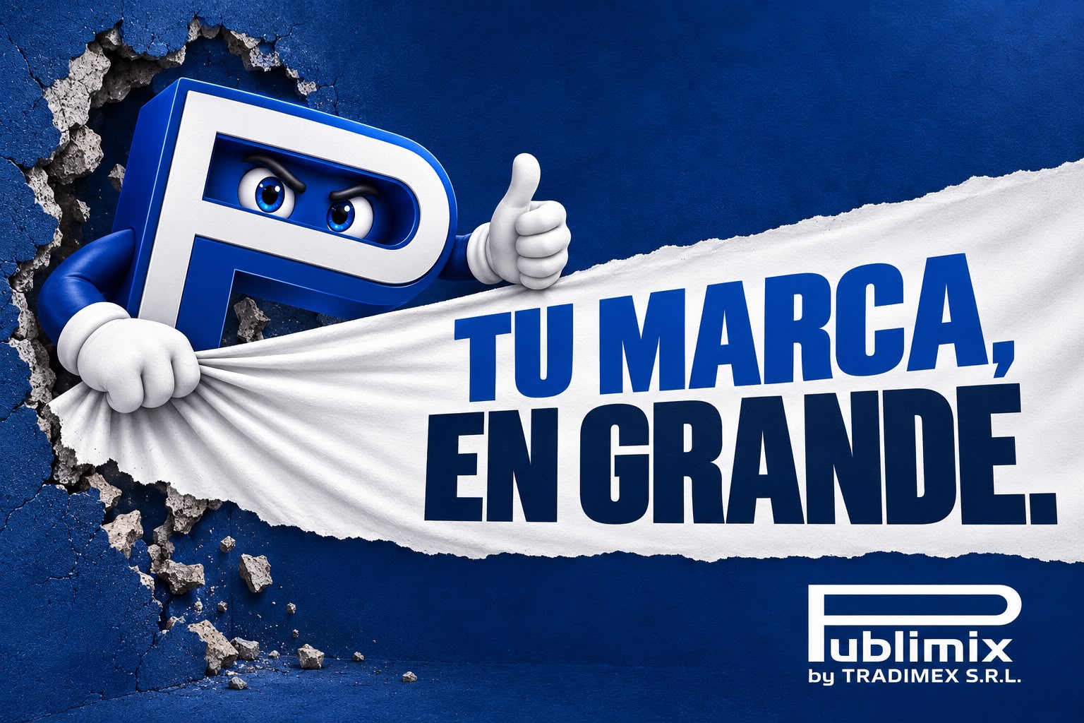El muñeco azul de Publimix con la frase Tu marca, en grande